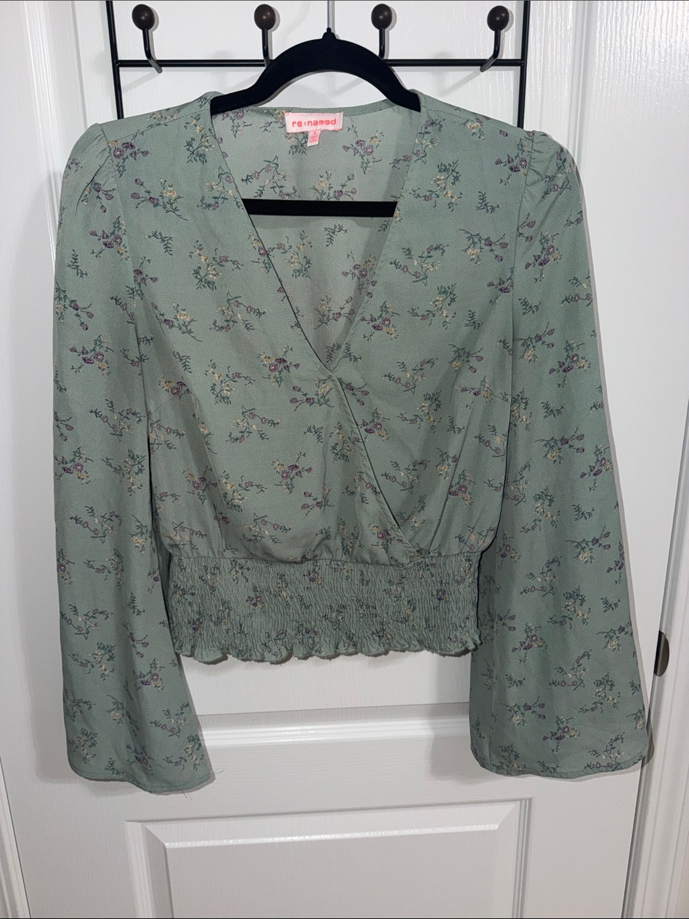 Sage Green Floral Wrap Blouse with Smocked Waist
